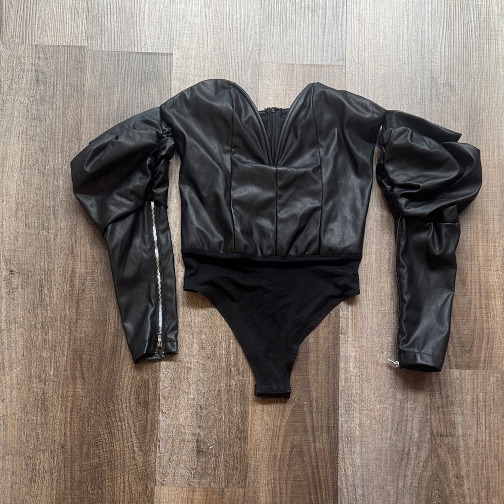 Fashion Nova Black Faux Leather Puff Sleeve Bodysuit - Sleek Sweetheart